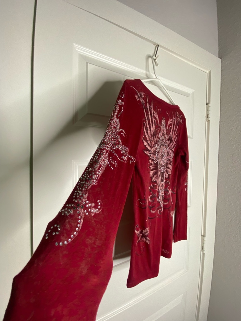 Y2K Embellished V-Neck Long Sleeve Top - Red - Picture 3 of 4